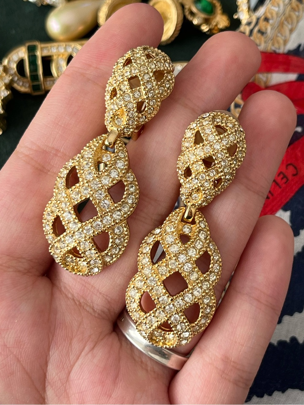Authentic Vintage Dior Interlocking Ribbon Lace Rhinestone Dangle Clip Earrings